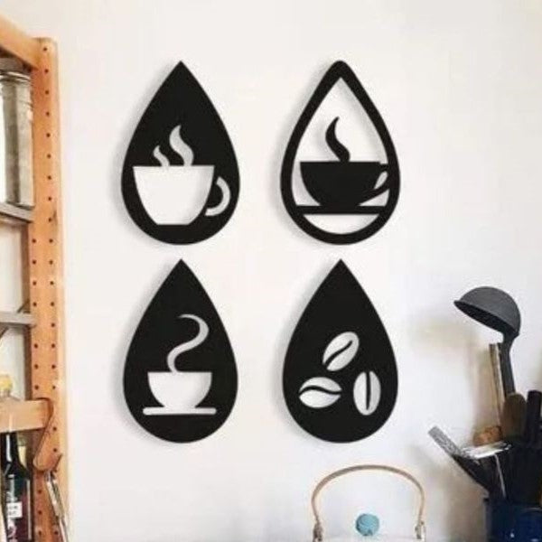 Oval-Shaped Metal Wall Panels with a design reminiscent of a Coffee Corner, 4 laser-cut pieces