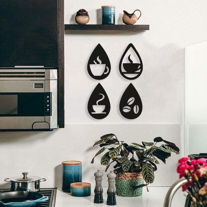Oval-Shaped Metal Wall Panels with a design reminiscent of a Coffee Corner, 4 laser-cut pieces