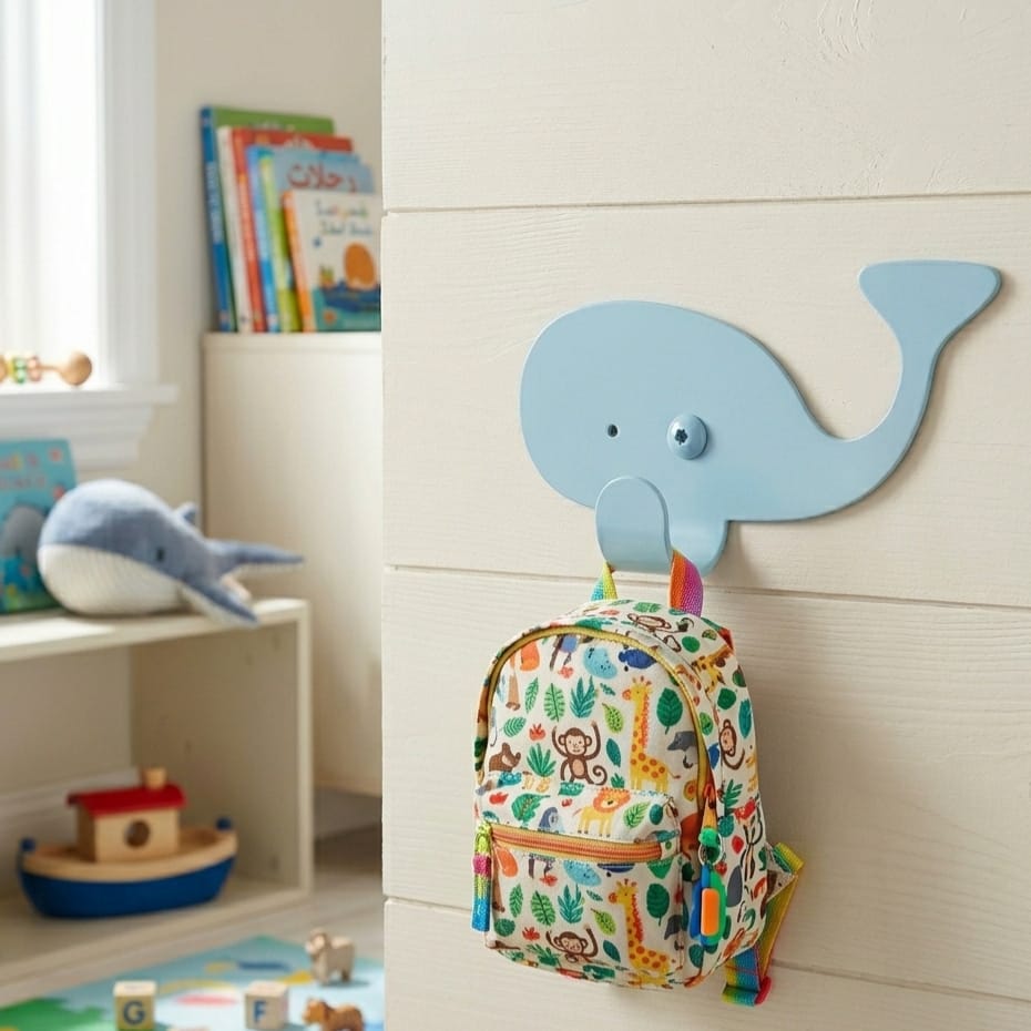 Laser-cut metal wall hanger in the shape of an whale, suitable for children’s room decoration