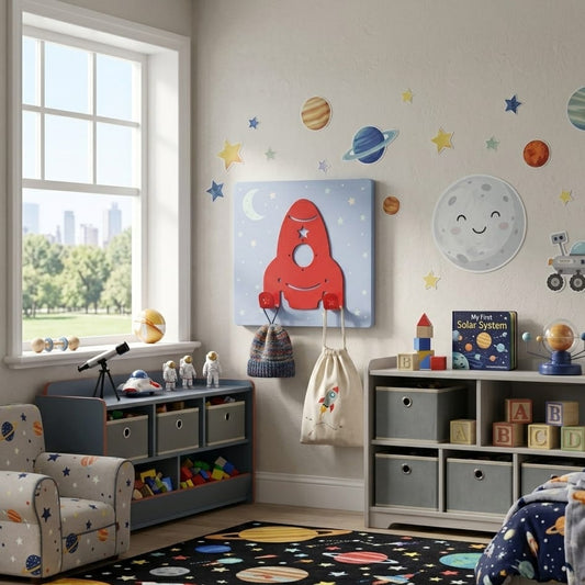 Laser-cut metal wall hanger in a rocket shape, perfect for children’s room decoration