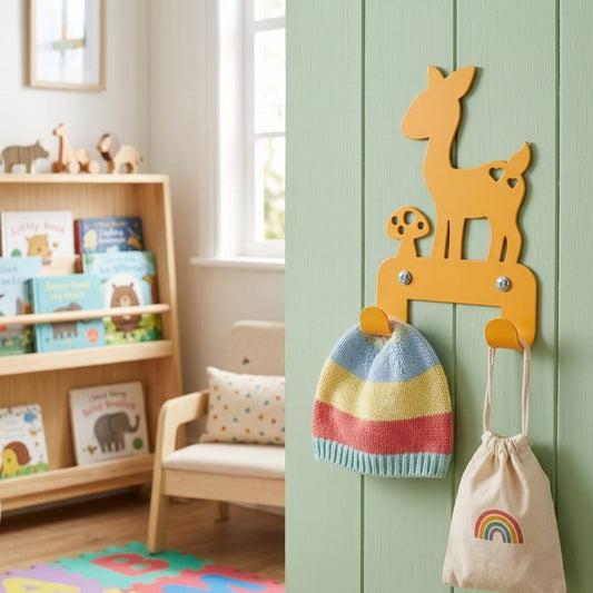 Laser-cut metal wall hanger in a deer shape, perfect for children’s room decoration