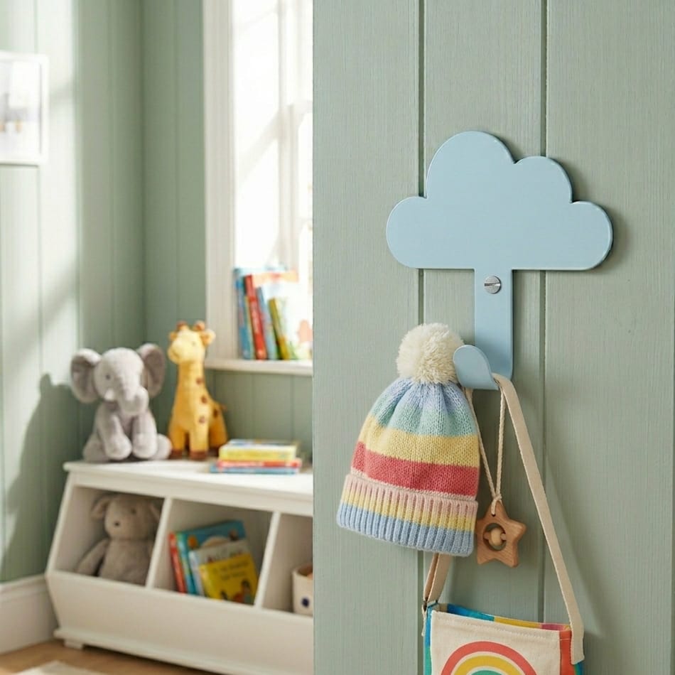 Laser-cut metal wall hanger in a Cloud shape, perfect for children’s room decoration