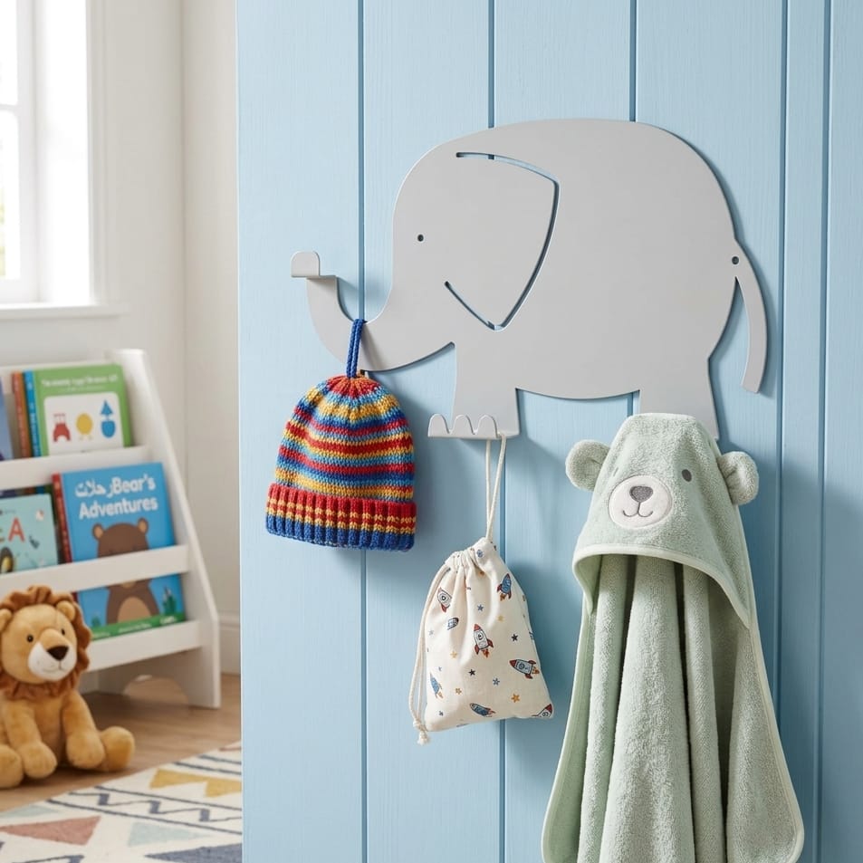 Laser-cut metal wall hanger in a elephant shape, perfect for children’s room decoration