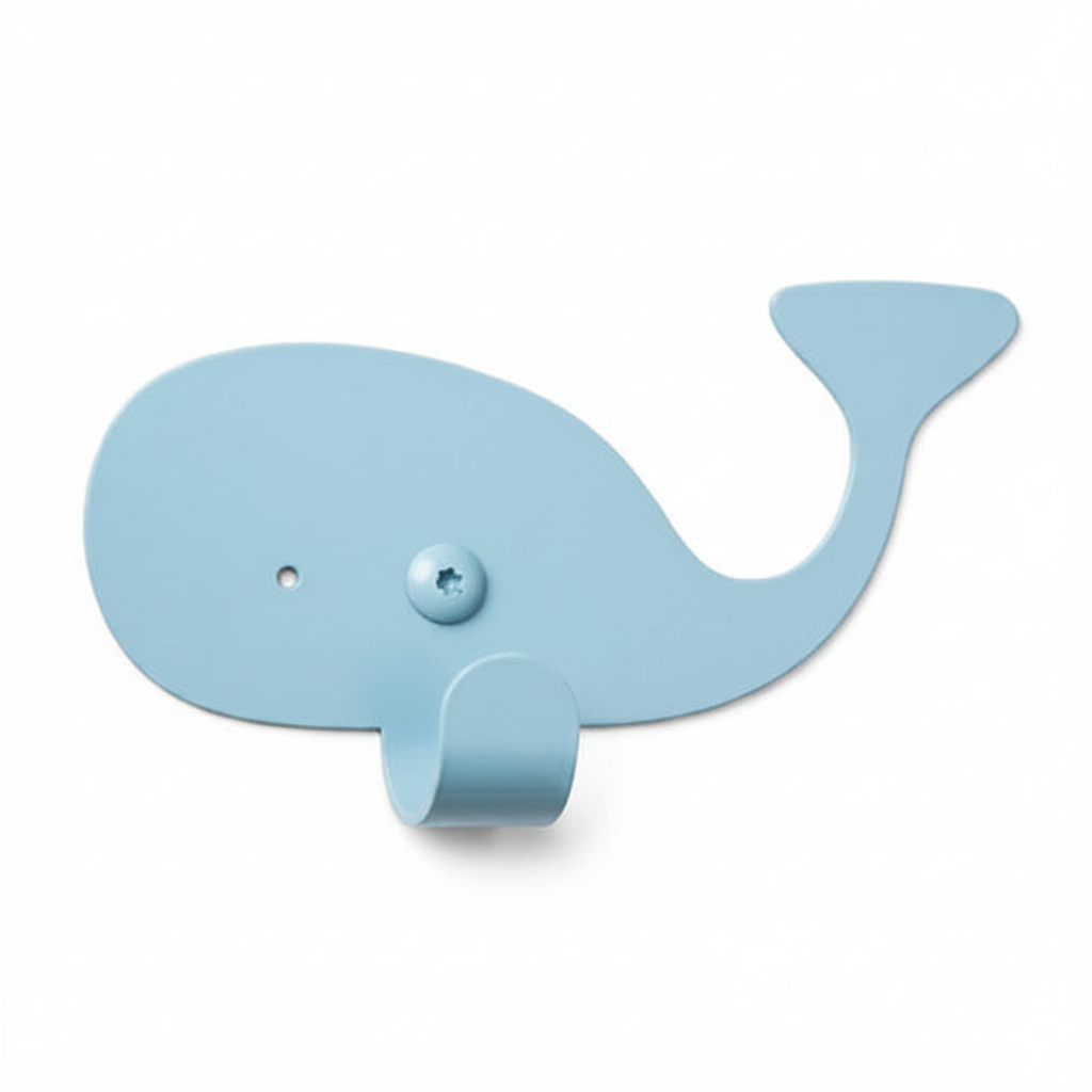 Laser-cut metal wall hanger in the shape of an whale, suitable for children’s room decoration
